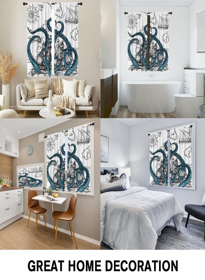 Coxila Octopus Kitchen Window Curtains 27.5 x 39 Inch Small Short Mini Cafe Rod Pocket Nautical Coastal Ocean Cool Kraken Gothic Living Bedroom Room Home Treatment Set of 2 Curtain Panels Drapes Tiers - Image 5